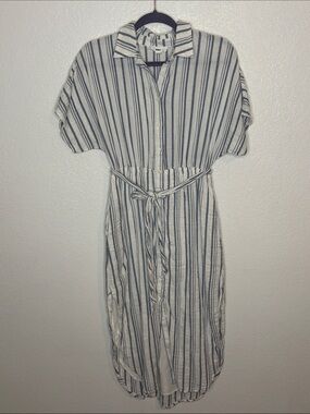 Olia White With Blue Stripes Gauze Cotton Button Down Shirt Dress Size Small
